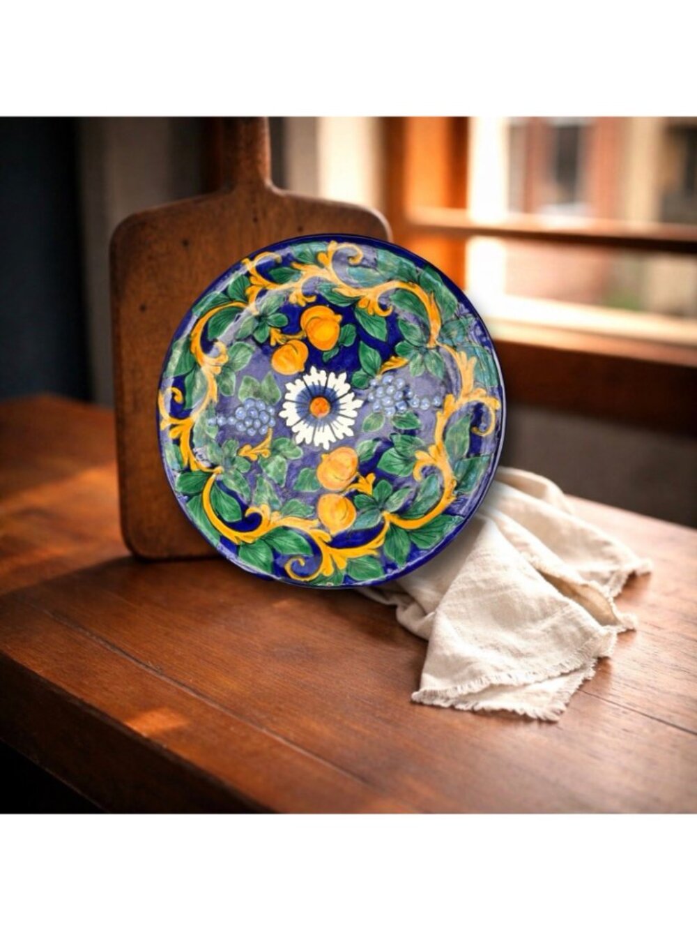 Hand Painted Talavera Plate 11.5” | Mexican Pottery Charger | Blue Yellow Floral - Picture 2 of 7